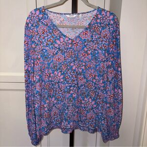 B.Young Petal Print V Neck Cuff Long Balloon Sleeve Blouse Top Size 42 (US 12)